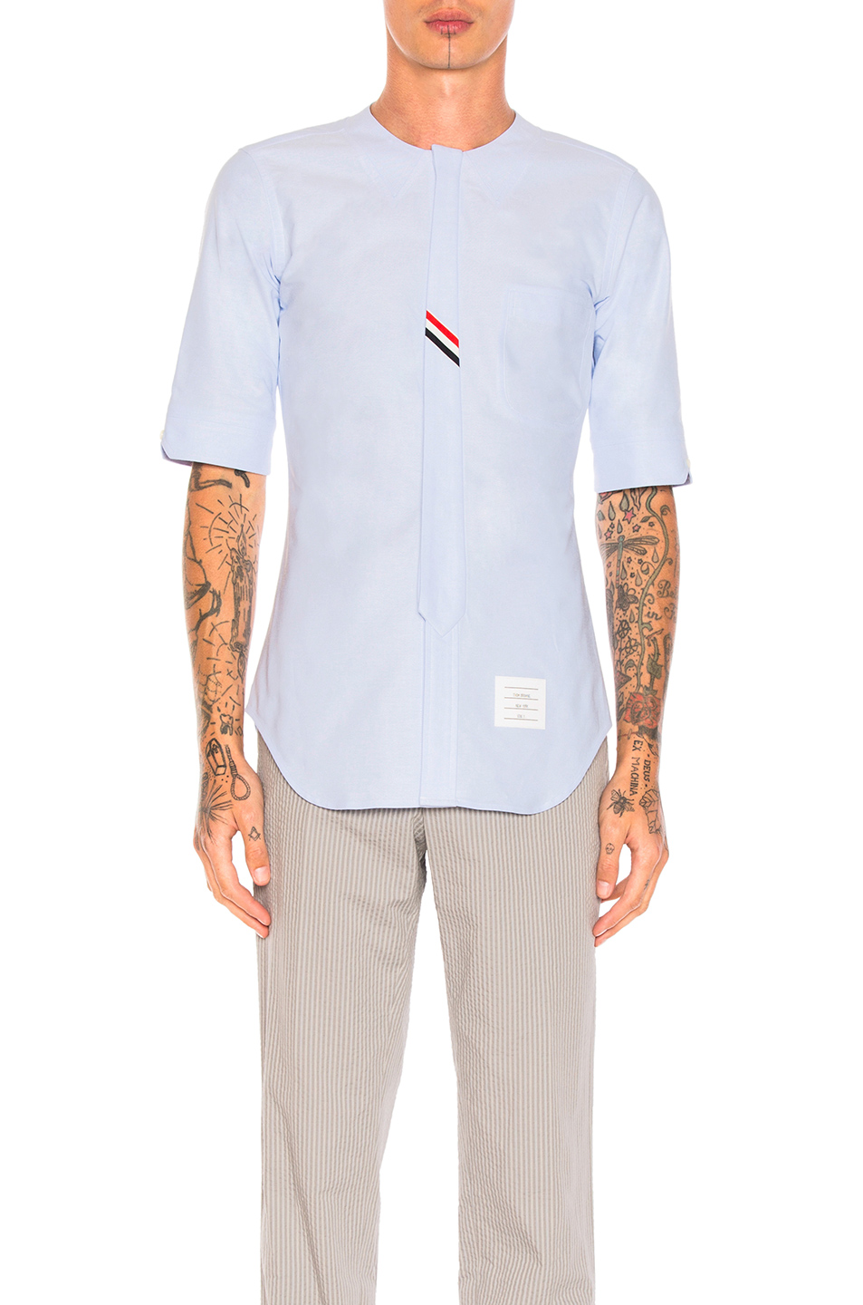 Thom Browne Collarless Short Sleeve Oxford in Blue Thom Browne Collarless Short Sleeve Oxford in Blue