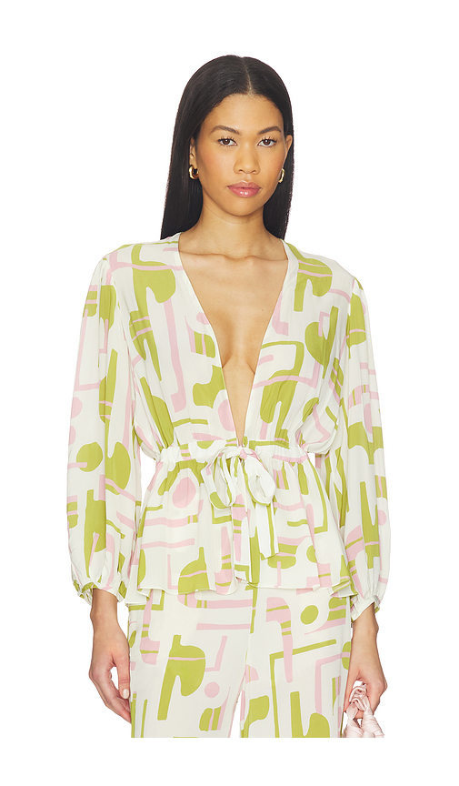 ADRIANA DEGREAS Balearic Voluminous Sleeves Blouse in Green,Pink. Size XS. Also in S, M, L.