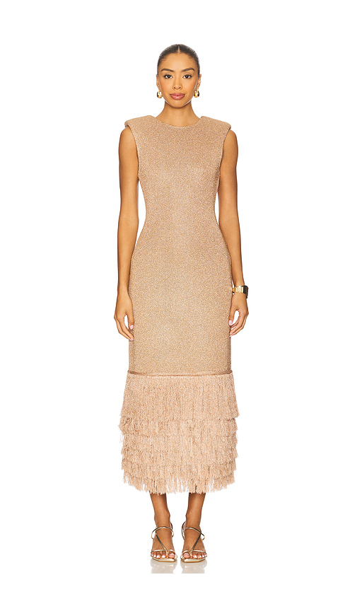 Aje Breeze Knit Midi Dress in Metallic Gold. Size S. Also in M, XL.