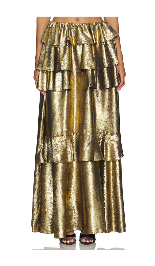 AKNVAS Vilhelmine Gold Tiered Skirt in Metallic Gold. Size 0. Also in 2, 4, 6, 8, 12.