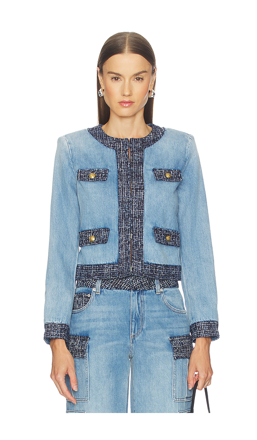 Alice + Olivia Landon Cropped Denim Jacket in Blue. Size M. Also in L, S, XL, XS.