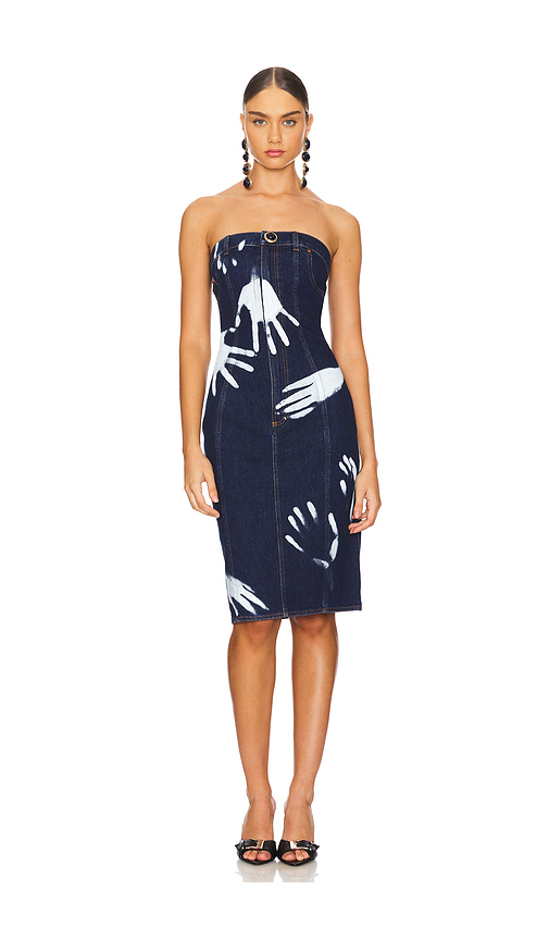 AREA Handprint Strapless Midi Dress in Denim-Medium. Size 0. Also in 4.