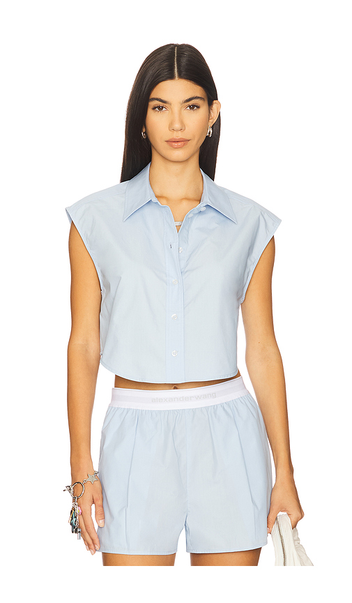 Alexander Wang Cropped Button Down Sleeveless Shirt With Necklace in Baby Blue. Size L. Also in M, S, XS.