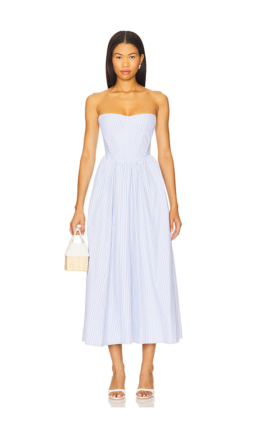 Bardot Lola Corset Stripe Midi Dress in Baby Blue. Size 2. Also in 10, 12, 4, 6, 8.