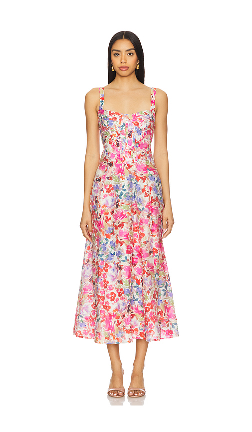 Bardot Lilah Corset Midi Dress in Pink. Size 10. Also in 12, 2, 4, 6, 8.