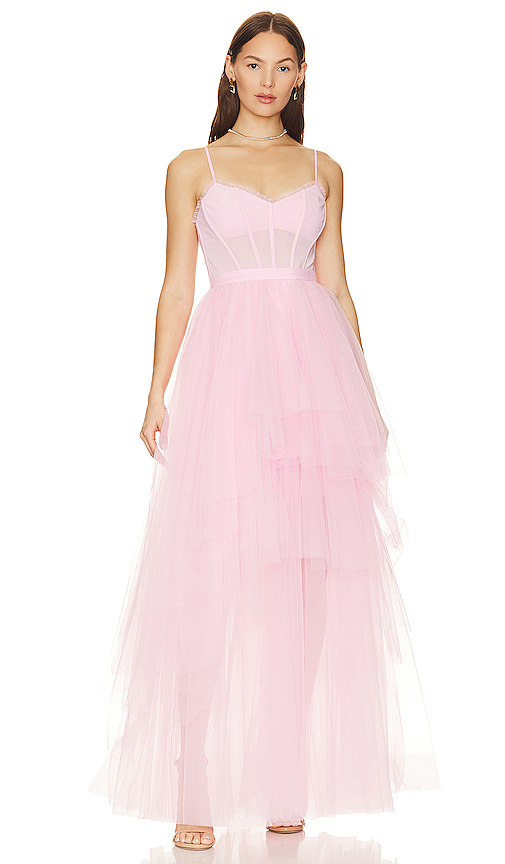 BCBGMAXAZRIA Corset Tiered Gown in Pink. Size 8. Also in 4.
