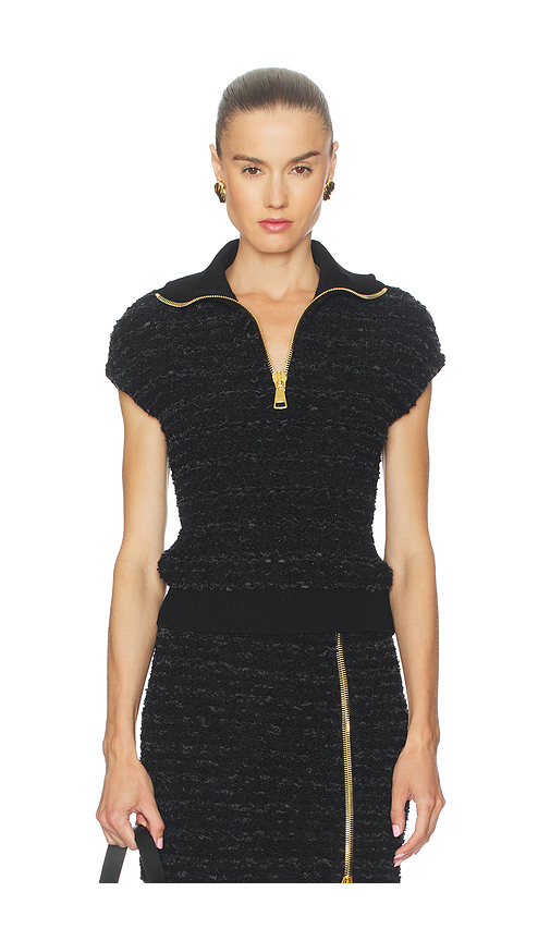 BALMAIN Zipped Short Sleeve Tweed Top in Black. Size 34/0. Also in 36/2, 38/4.
