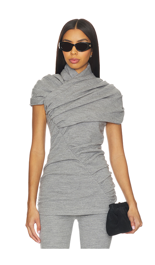 BALMAIN Short Sleeve Draped Top in Grey. Size 34/0. Also in 36/2, 38/4, 40/6.