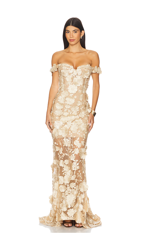 Bronx and Banco Jasmine Off The Shoulder Gown in Metallic Gold. Size S. Also in M, XS.