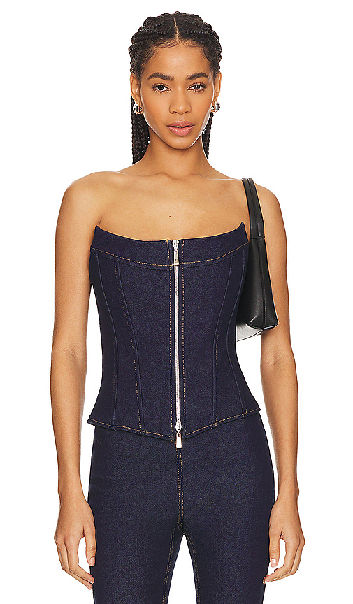 EB Denim Claire Corset in Denim-Dark. Size S. Also in L, XS.