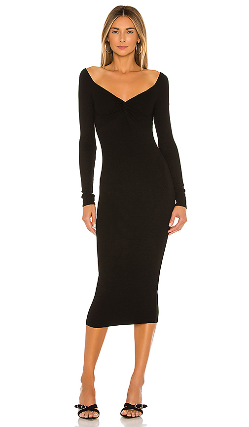 Click to view more detailed imagery on our partner's website Enza Costa Off The Shoulder Twist Midi Dress In Black.