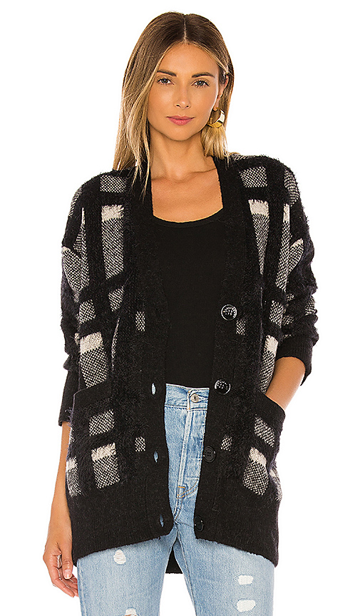 Click to view more detailed imagery on our partner's website Equipment Cisse Wool-Blend Plaid Cardigan In True Black Multi