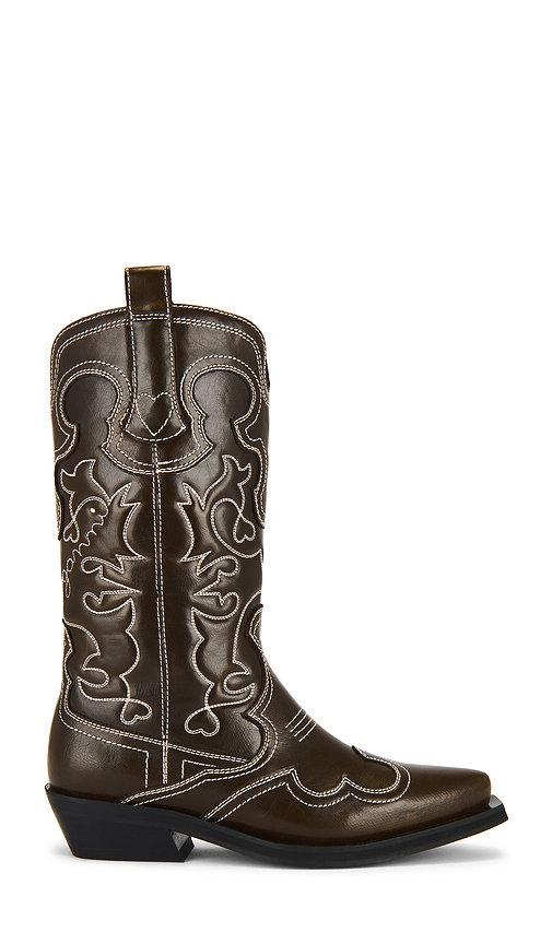 Ganni Mid Shaft Embroidered Western Boot in Brown. Size 37. Also in 38.