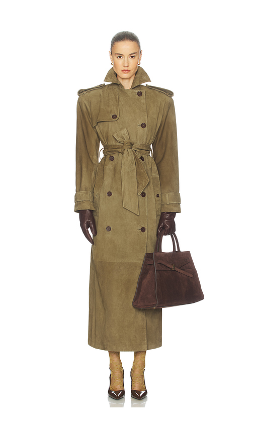 Helsa Suede Trench Coat in Green. Size XS. Also in XXS, S, M, L.