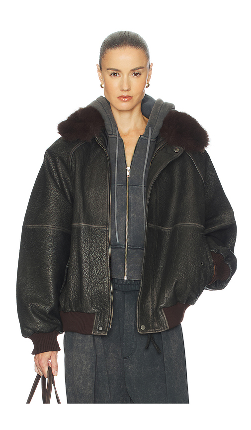 Helsa The Oversized Leather Bomber With Faux Fur Collar in Black. Size XS. Also in S, M, L, XL.