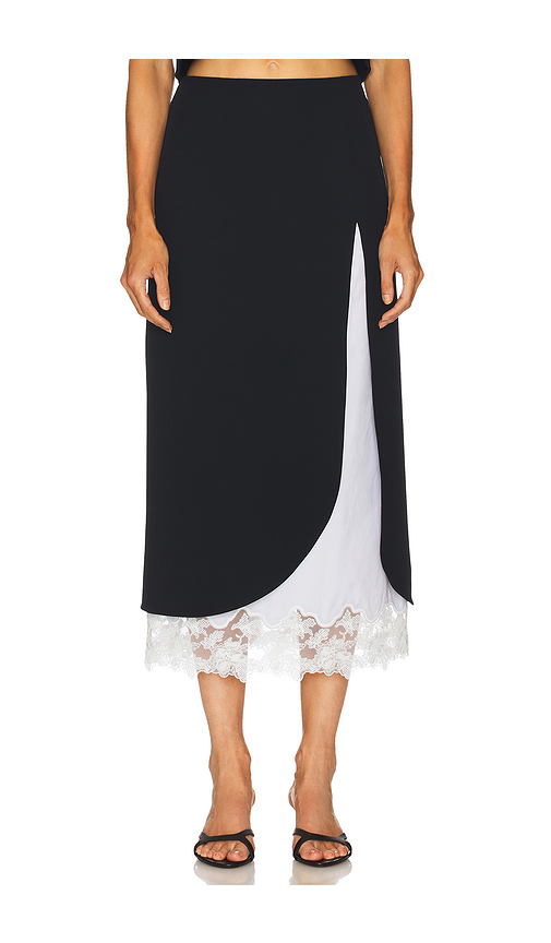 Helsa The Midi Pencil Skirt With Lace & Poplin in Black. Size XS. Also in L, M, S, XXS.