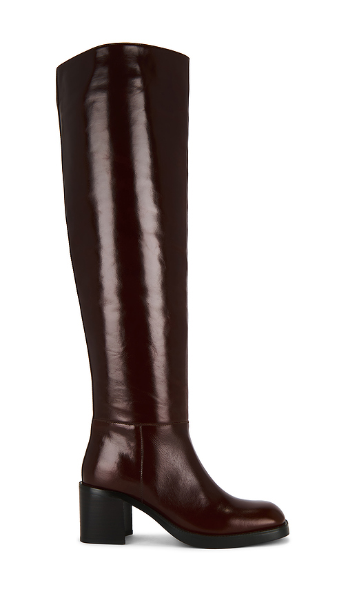 Jeffrey Campbell Vinyl Over The Knee Boot in Cognac. Size 10. Also in 6, 6.5, 7, 7.5, 8, 8.5.