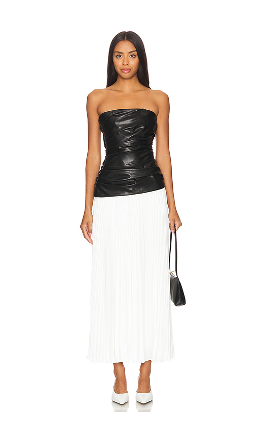 SIMKHAI Arie Faux Leather Bustier Midi Dress in Black,White. Size 2. Also in 4.