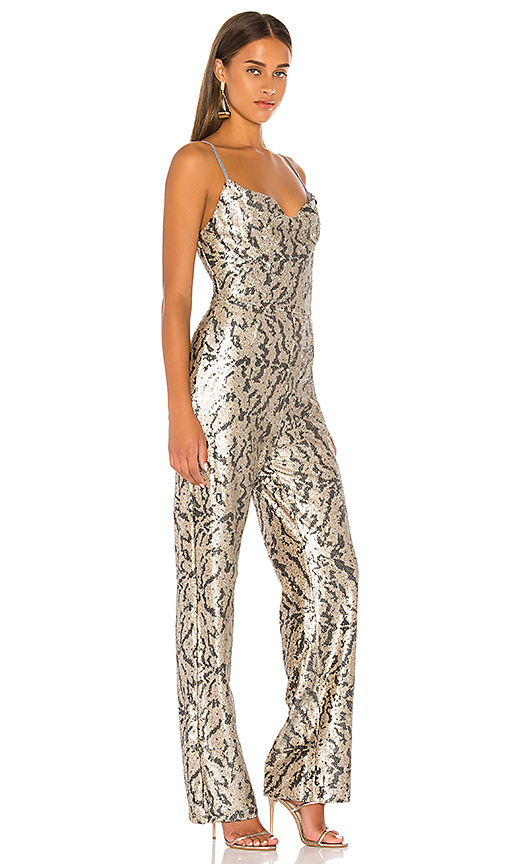 KENDALL + KYLIE KENDALL + KYLIE STUDIO 54 JUMPSUIT IN METALLIC NEUTRAL,BLACK.,KENR-WC7