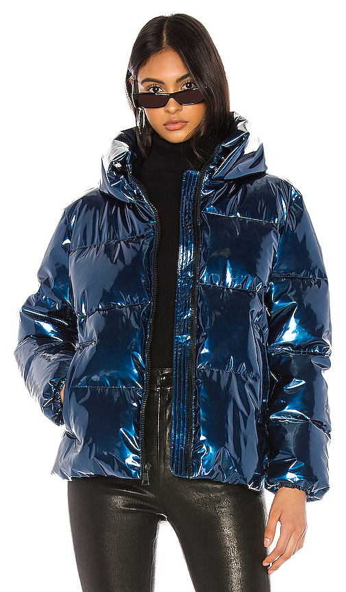Click to view more detailed imagery on our partner's website Kendall + Kylie Metallic Puffer Jacket In Blue.