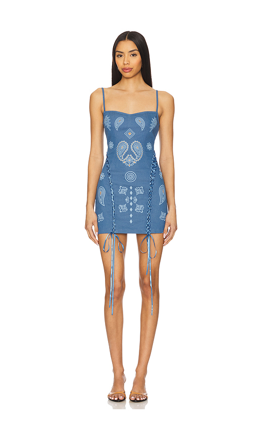 Leslie Amon x REVOLVE Lace Up Denim Mini Dress in Blue. Size L. Also in M, S.