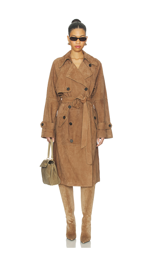 L’Academie By Marianna Dara Suede Trench Coat in Brown. Size S. Also in L, M, XL, XS, XXS.
