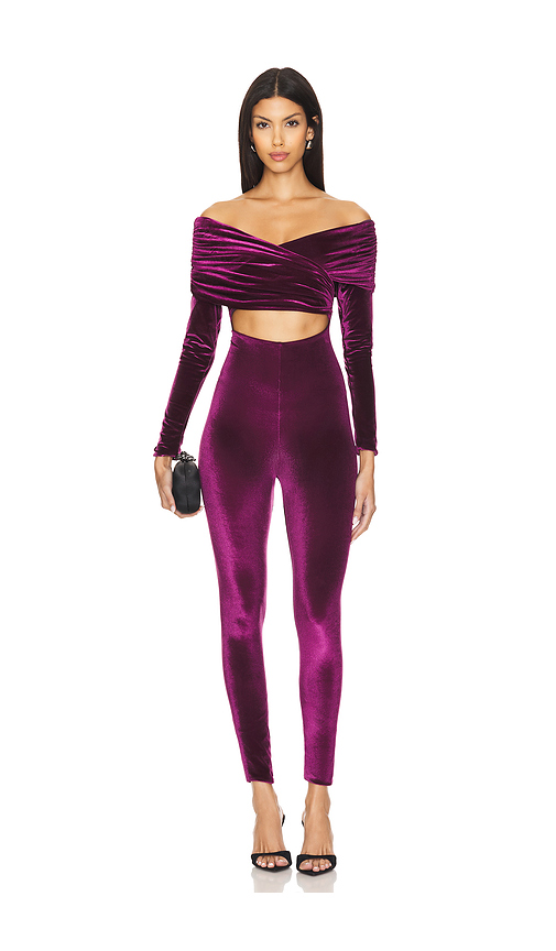 Maygel Coronel X Revolve Bagolo Catsuit in Purple.