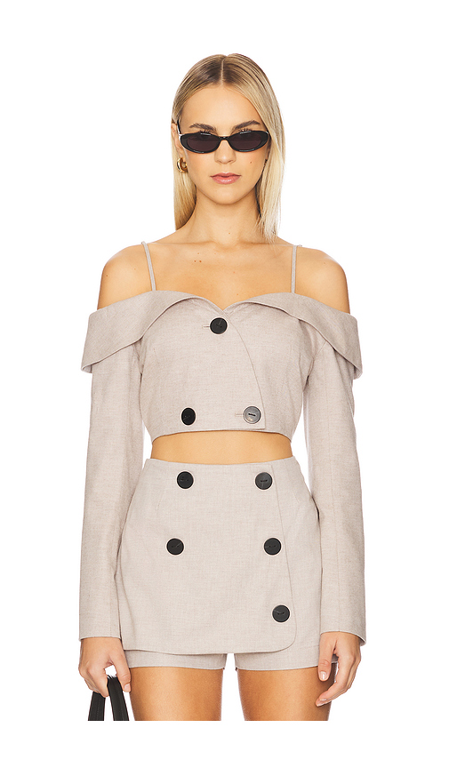 MATTHEW BRUCH Off Shoulder Double-breasted Top in Beige. Size 6. Also in 2.