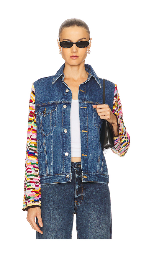 Monse Crochet Sleeves Denim Jacket in Blue. Size 0/XS. Also in 4/M, 6/L.