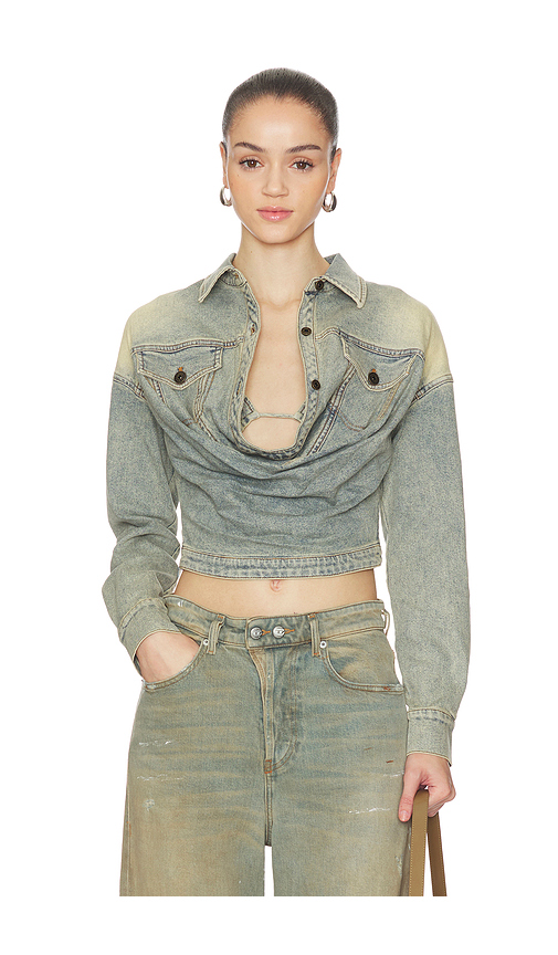 MARRKNULL Swing Pleat Denim Shirt in Blue. Size S. Also in L.