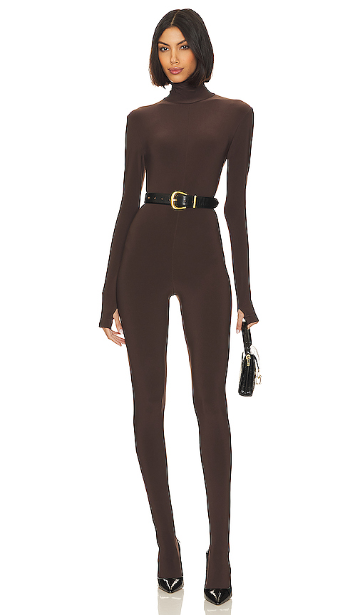 Norma Kamali Slim Fit Turtle Catsuit With Footsie in Chocolate. Size S. Also in M, L.