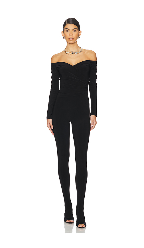 Norma Kamali Off Shoulder Sweetheart Catsuit With Footie in Black. Size XL. Also in L.