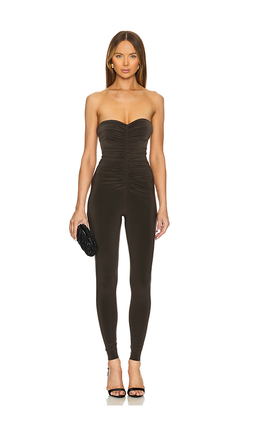 Norma Kamali Strapless Shirred Front Catsuit in Brown. Size S. Also in XL.