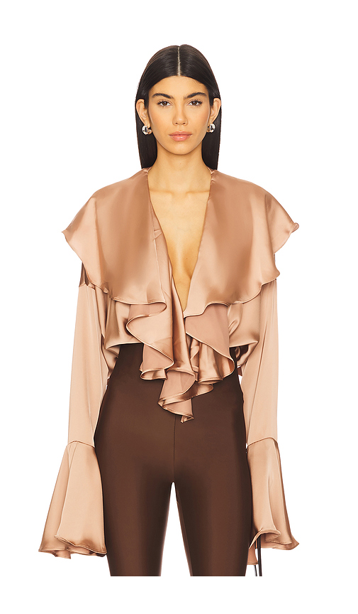 Norma Kamali Long Sleeve Ruffle Bodysuit in Tan. Size M. Also in S, XS.