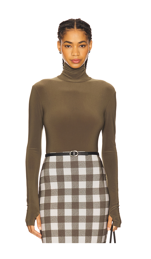 Norma Kamali Long Sleeve Turtleneck Bodysuit in Olive. Size S. Also in M, L, XL.