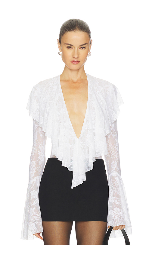 Norma Kamali Long Sleeve Deep V Ruffle Bodysuit in White. Size M. Also in XS, S, L.