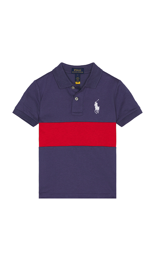Polo Ralph Lauren Kids Short Sleeve Cotton Jersey Center Stripe Polo in Blue. Size 5. Also in 3.