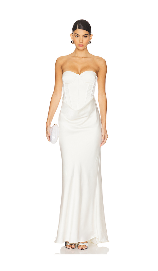 ROTATE Satin Pearl Corset Dress in White. Size 42. Also in 44.