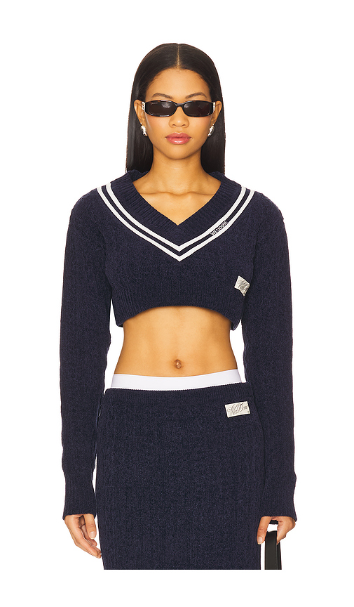 WE11DONE Cable Cropped Sweater in Navy. Size M. Also in L, S.