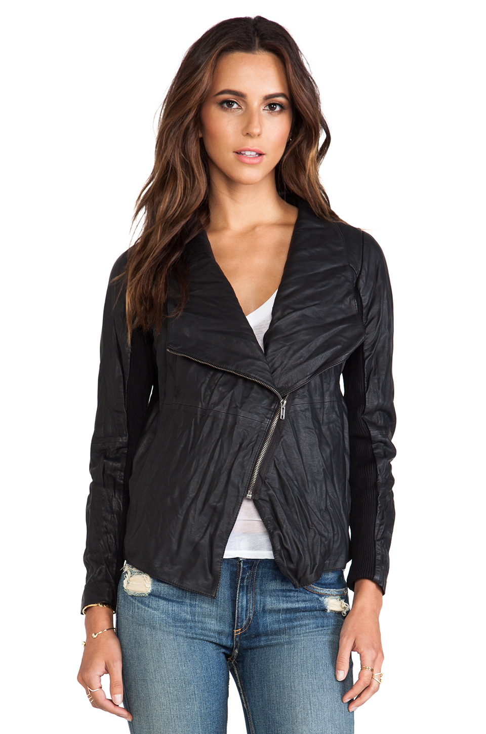 Faux Leather Jacket With Knit Sleeves Sweater Grey Faux Leather Jacket With Knit Sleeves 75