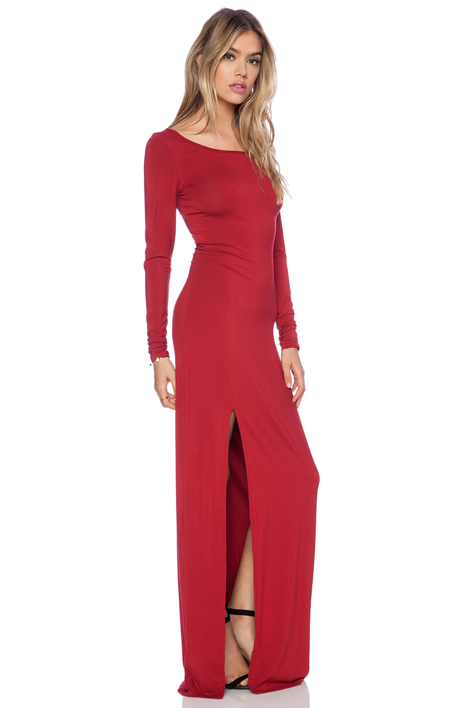 Bobi Rayon Rayon Jersey Long Sleeve Maxi Dress in Deep Red