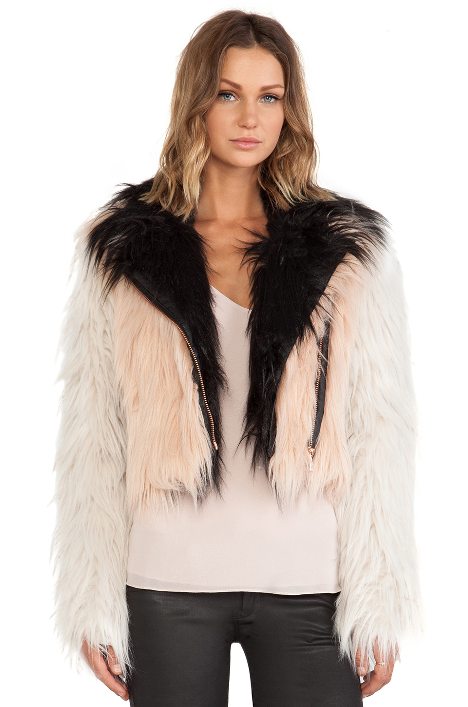 Colorblocked Faux Fur Moto Jacket