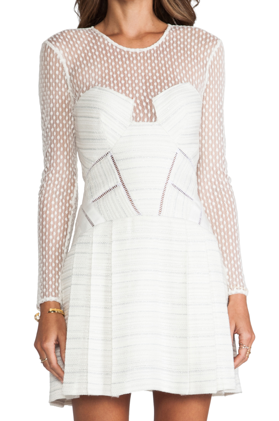 self-portrait Paneled Long Sleeve Dress in Off White